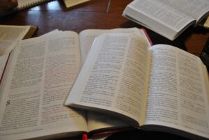 Photo of multiple bibles open to Luke chapter 8, including one in Japanese.